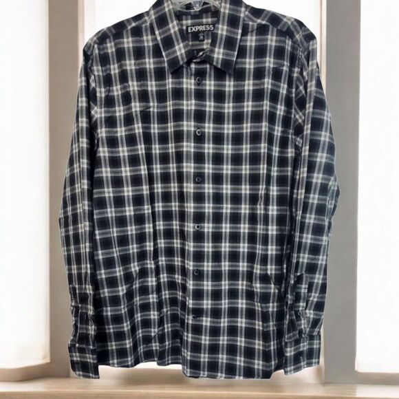 Express Button Front Shirt Mens XL Black Gray Plaid Modern Fit Neck 17.5 Casual - Picture 1 of 7